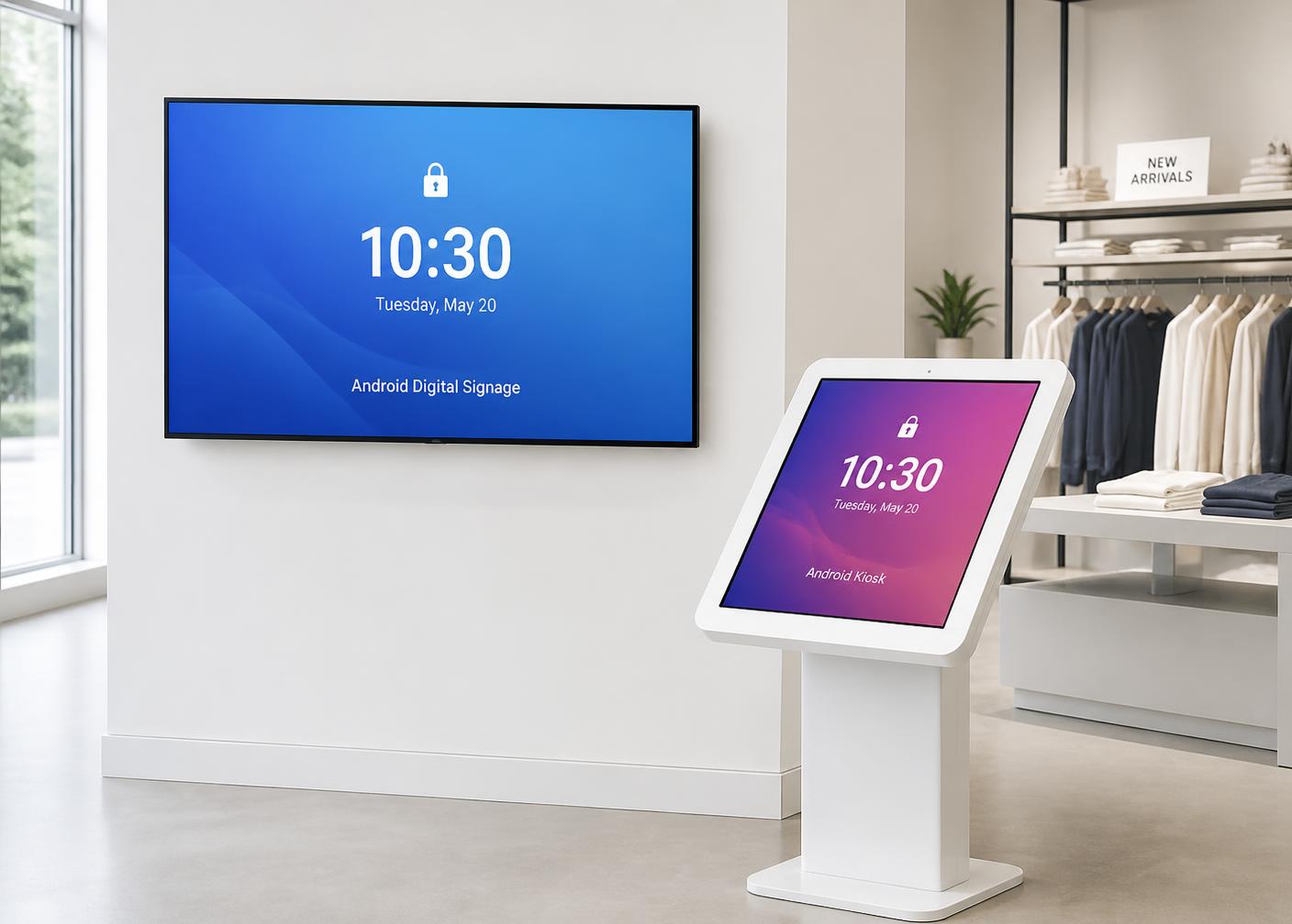 Android signage screen and touchscreen kiosk locked to full-screen content in a bright retail space
