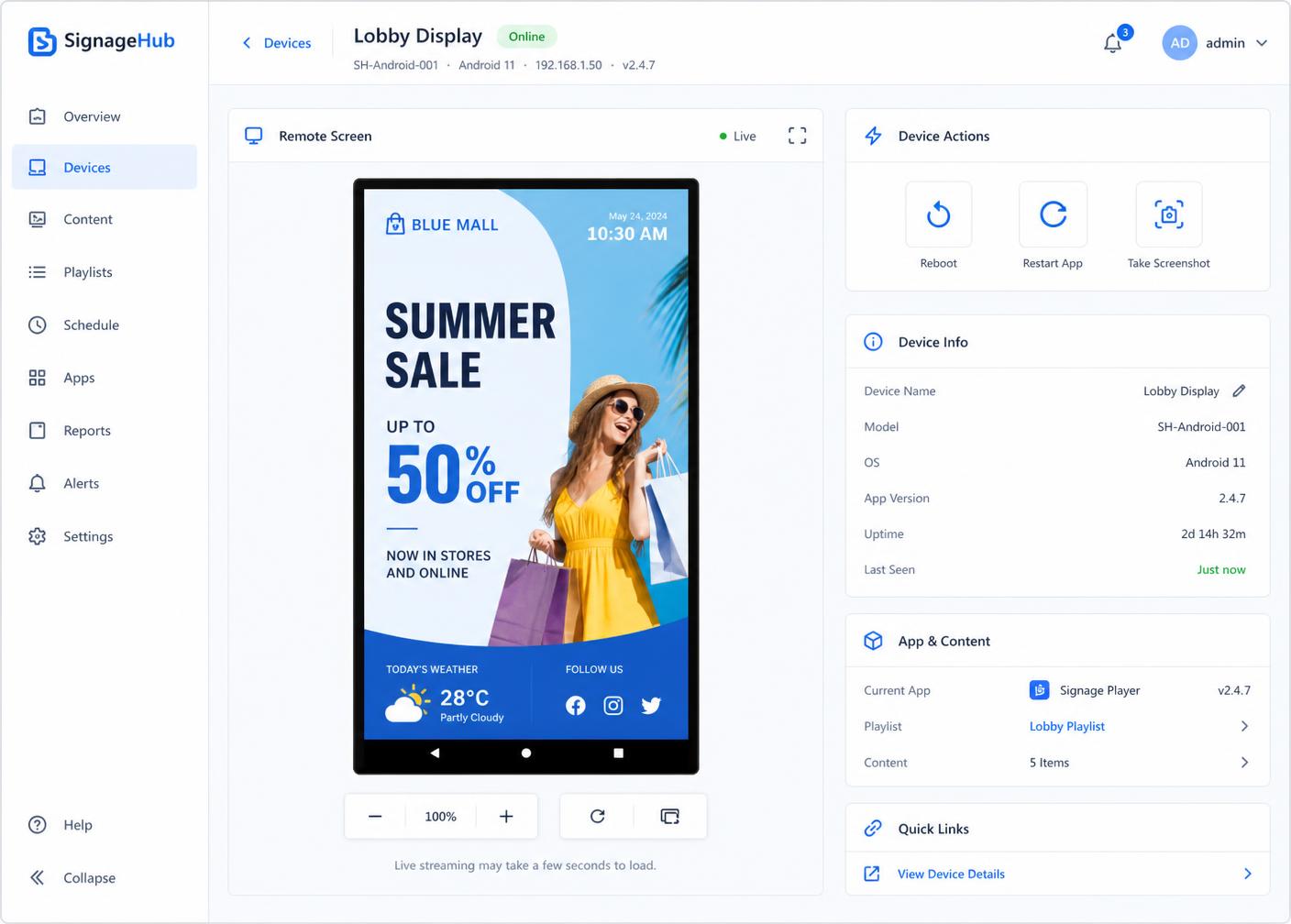 SignMDM remote screen view with reboot, restart app and screenshot controls